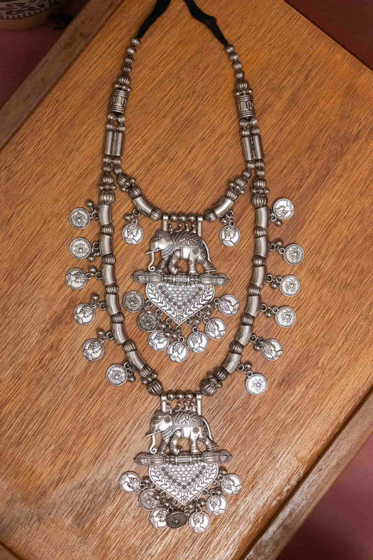 Oxodise Silver Elephant & Coin Double-Layer Necklace