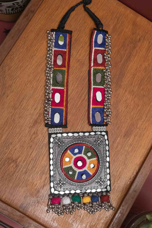 Colorful Oxodise Mirror Fabric Necklace with Dangling Beads