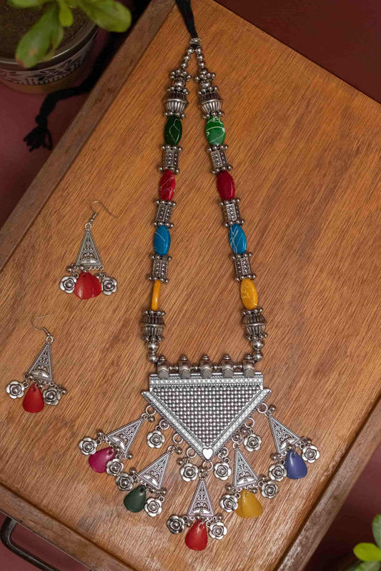 Oxodise Triangle Pendant Necklace  with Dangling Floral Beads