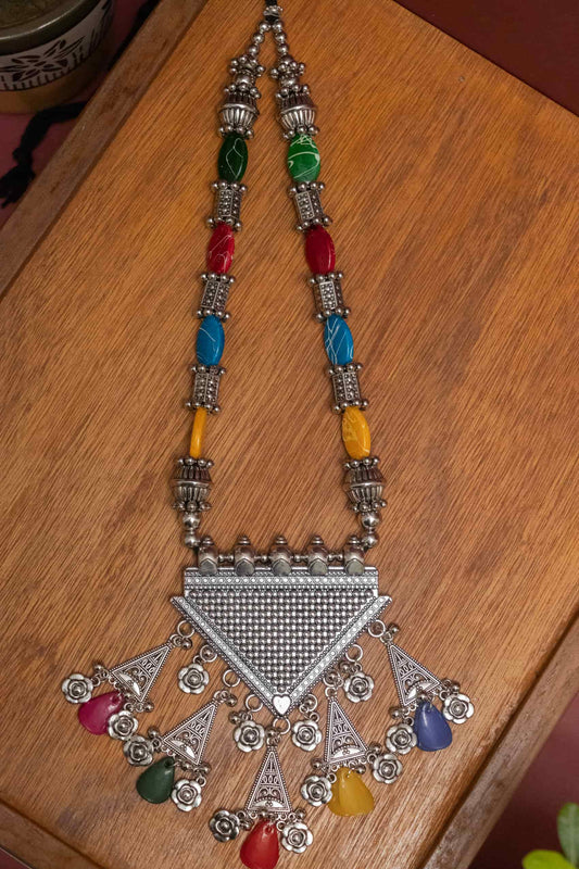 Oxodise Triangle Pendant Necklace  with Dangling Floral Beads