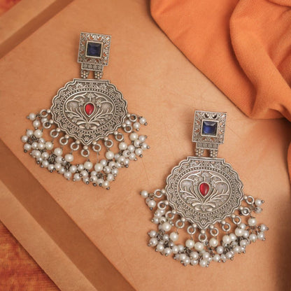 Silver Look-Alike Earring with Hanging Beads & Square Stone Stud
