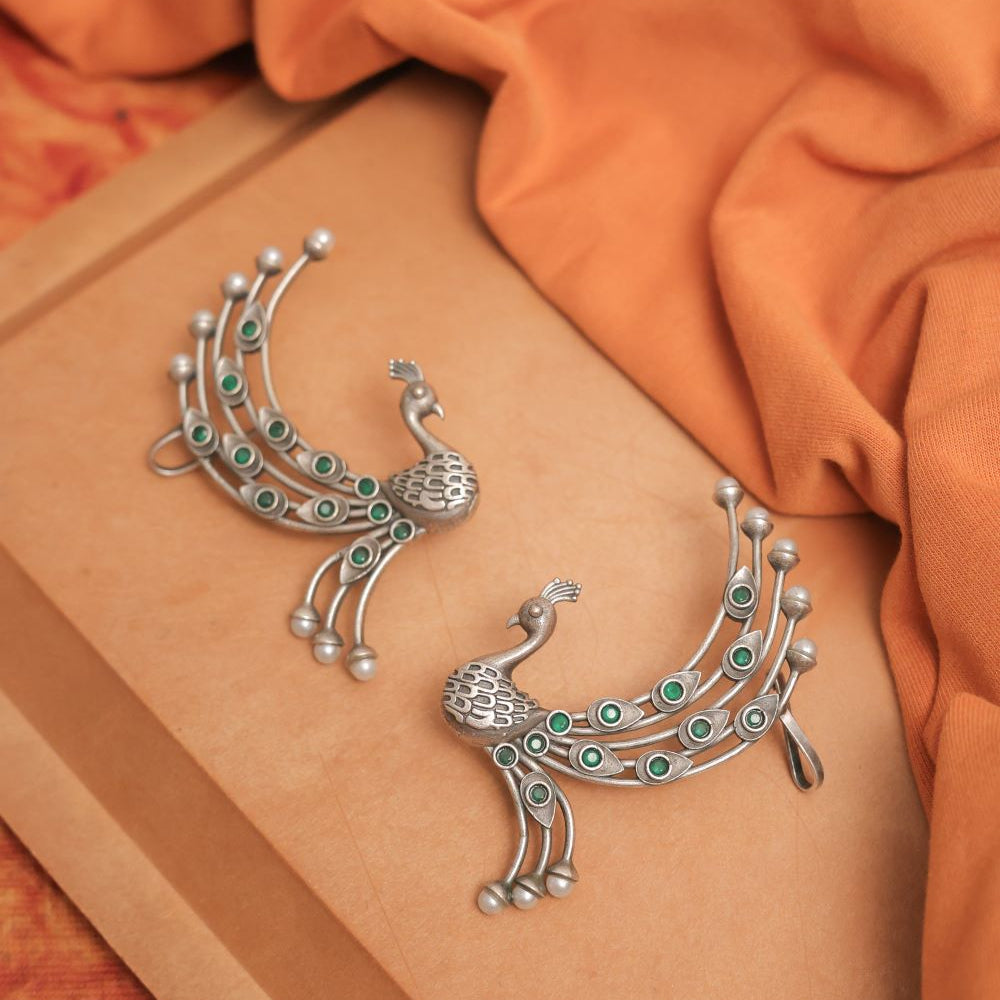 Peacock Style Silver Look-Alike Earring with Colorful Cabochons