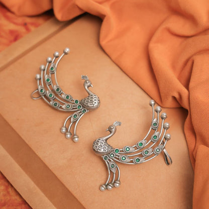 Peacock Style Silver Look-Alike Earring with Colorful Cabochons