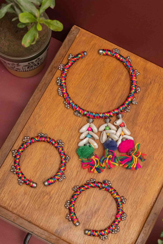 Fabric Boho Multicolor Cowrie Shell & Pom-Pom Full Set