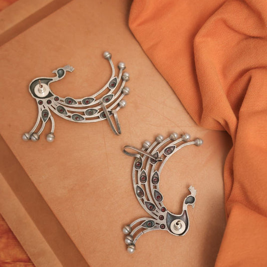 Peacock Style Silver Look-Alike Earring with Colorful Cabochons