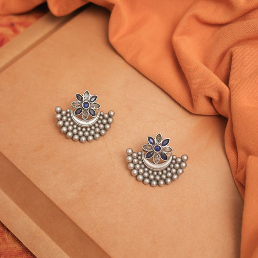Silver Look-Alike Earring with Multicolor Floral Petal Cabochons
