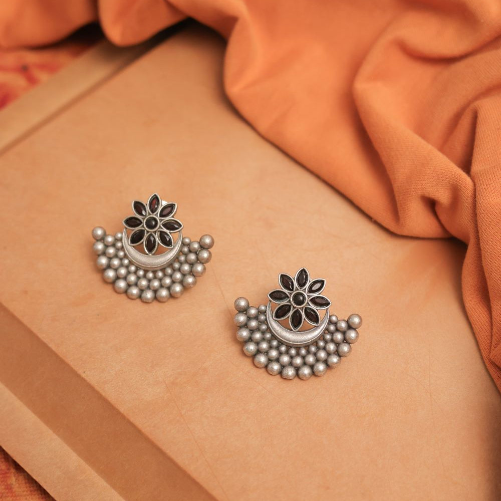 Silver Look-Alike Earring with Multicolor Floral Petal Cabochons