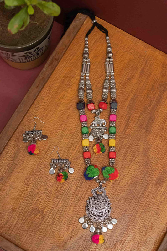 Oxodise Double Layer Elephant Nacklace with Pom Poms