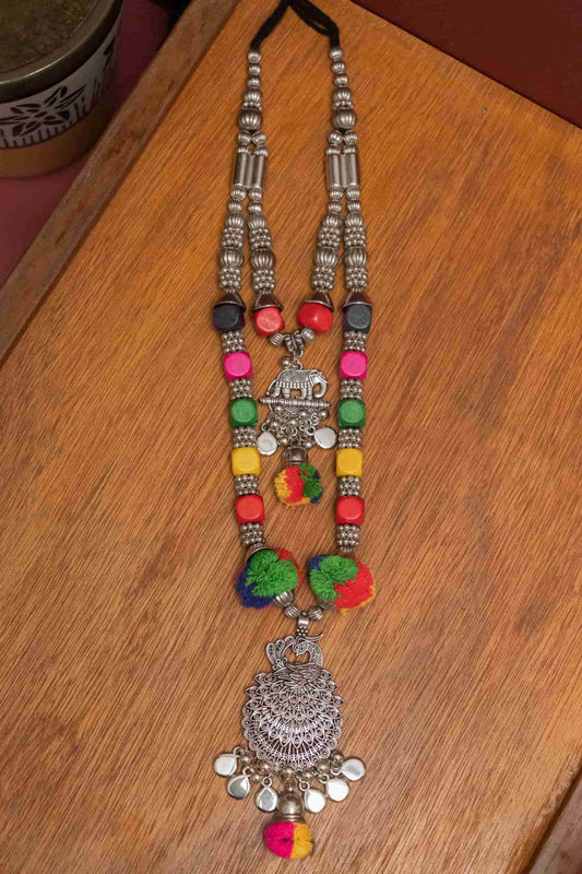 Oxodise Double Layer Elephant Nacklace with Pom Poms