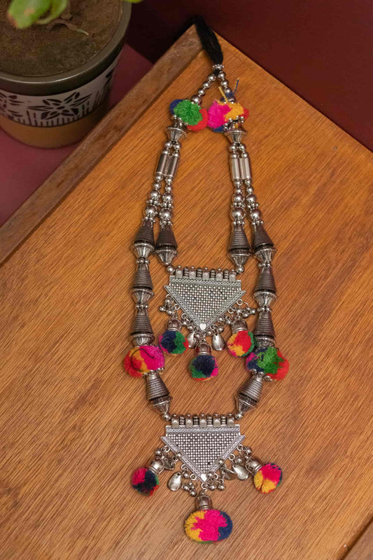 Oxodise Double Layer with Dangling Pom Poms Necklace