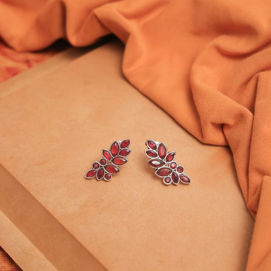 Oxidise Leaf Cluster Studs with Mulicolor Glass Stones