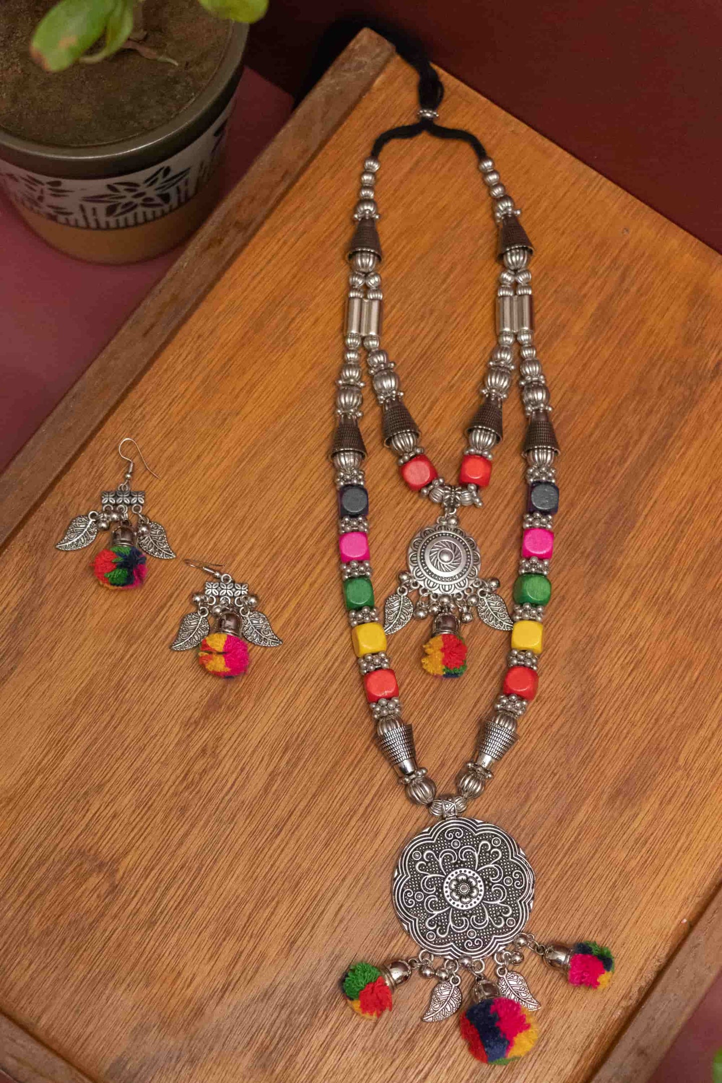 Oxodise  Double-Layer Pom Poms with Round Charm Necklace