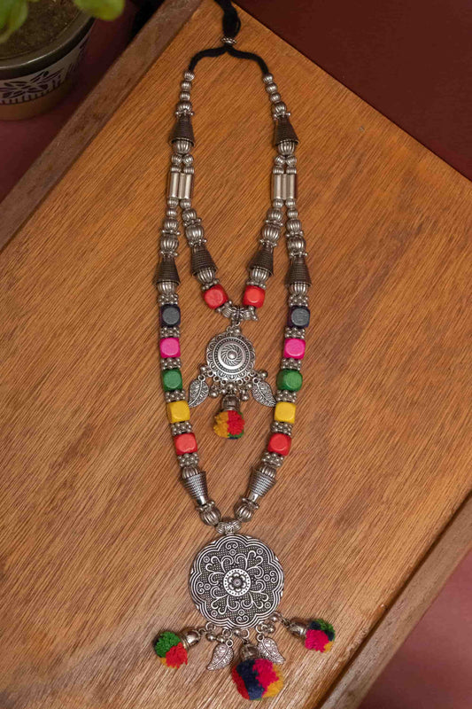 Oxodise  Double-Layer Pom Poms with Round Charm Necklace