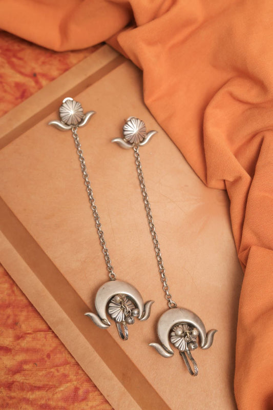 Oxidise Chain Drop Earrings with Crescent Moon Charms