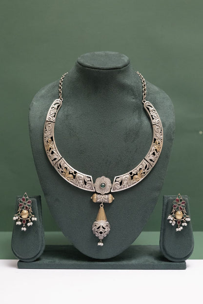 Silver Look-Alike Two Tone Choker with Multicolor Cabochons