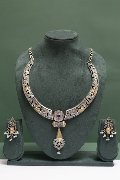 Silver Look-Alike Two Tone Choker with Multicolor Cabochons