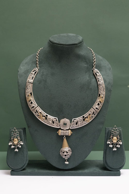 Silver Look-Alike Two Tone Choker with Multicolor Cabochons