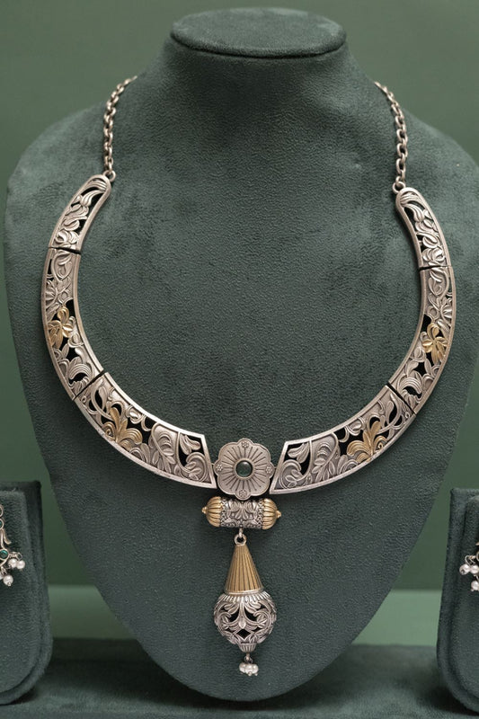 Silver Look-Alike Two Tone Choker with Multicolor Cabochons