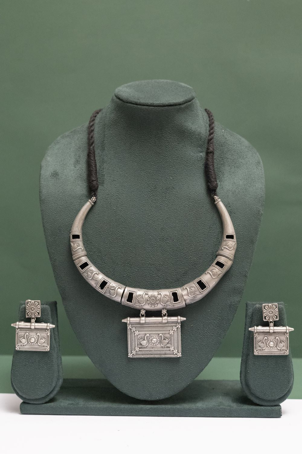 Silver Look-Alike Choker with Square Charm & Bird Design