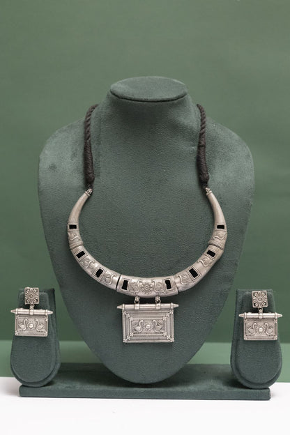 Silver Look-Alike Choker with Square Charm & Bird Design