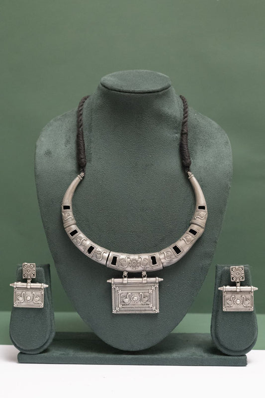 Silver Look-Alike Choker with Square Charm & Bird Design
