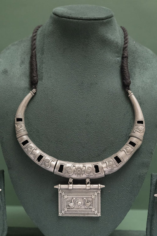 Silver Look-Alike Choker with Square Charm & Bird Design