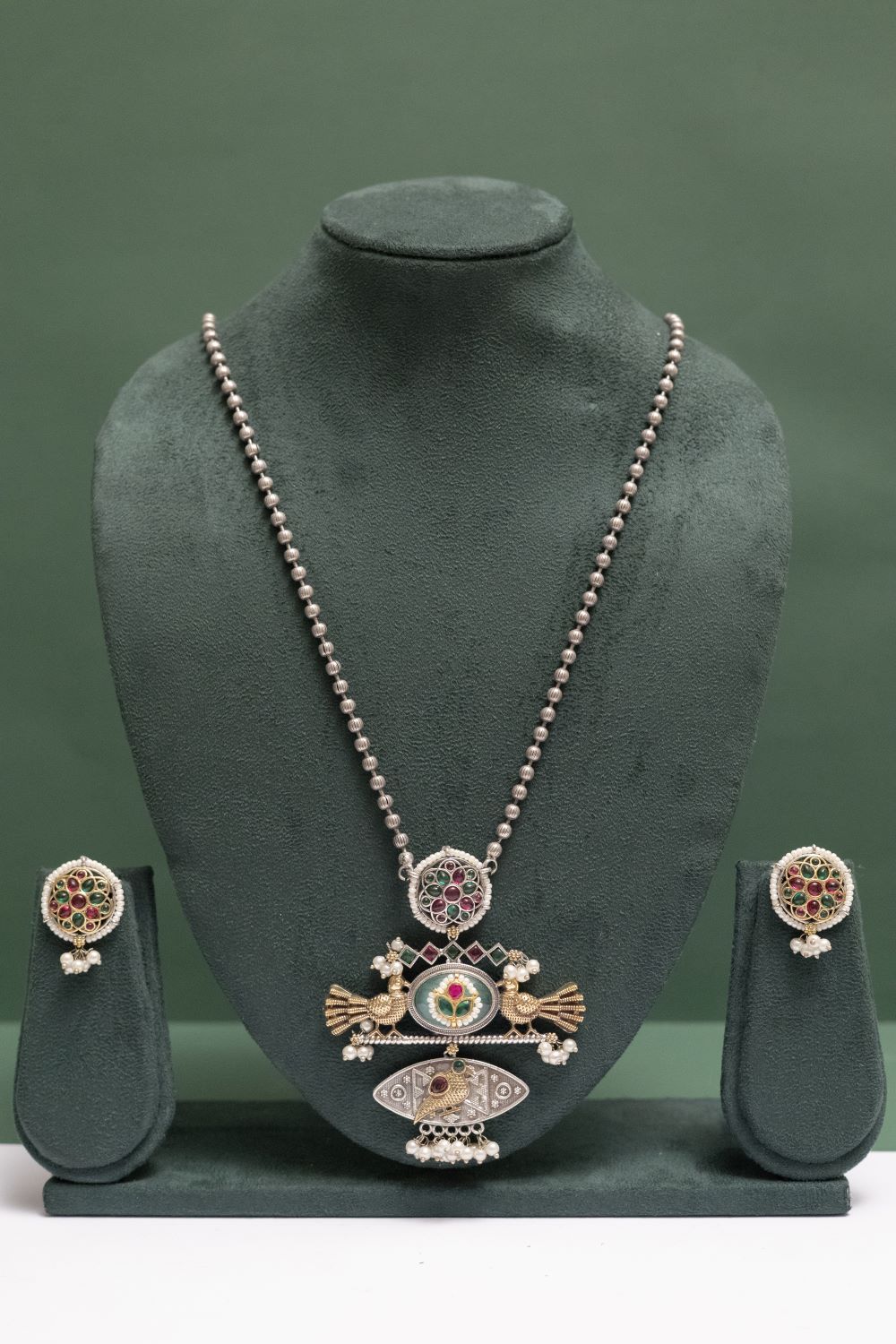 Silver Look-Alike Bird Motif Necklace Set with Gem Accents