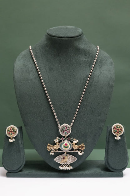 Silver Look-Alike Bird Motif Necklace Set with Gem Accents
