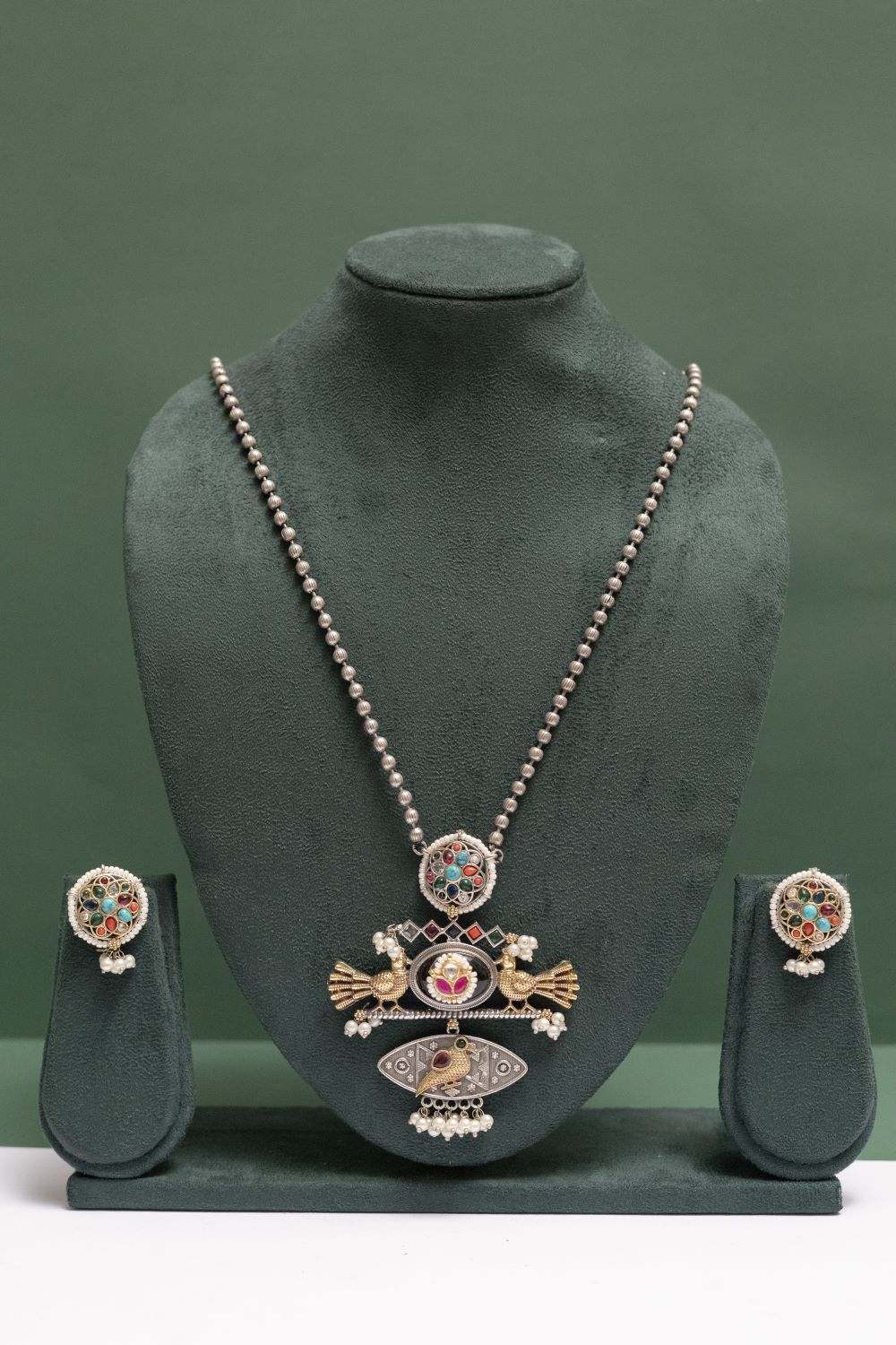 Silver Look-Alike Bird Motif Necklace Set with Gem Accents