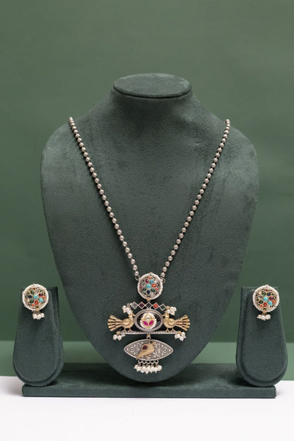 Silver Look-Alike Bird Motif Necklace Set with Gem Accents