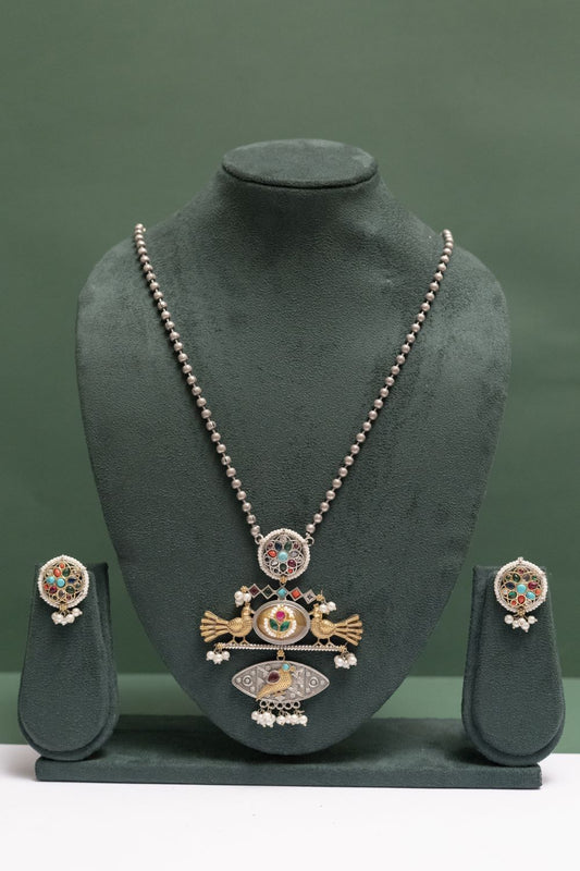 Silver Look-Alike Bird Motif Necklace Set with Gem Accents