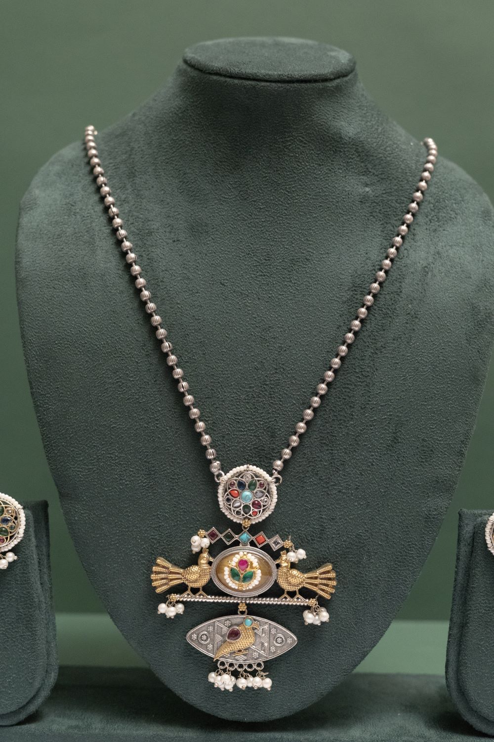 Silver Look-Alike Bird Motif Necklace Set with Gem Accents
