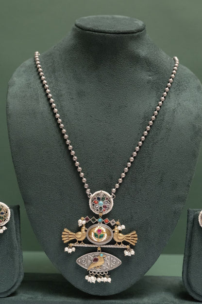 Silver Look-Alike Bird Motif Necklace Set with Gem Accents