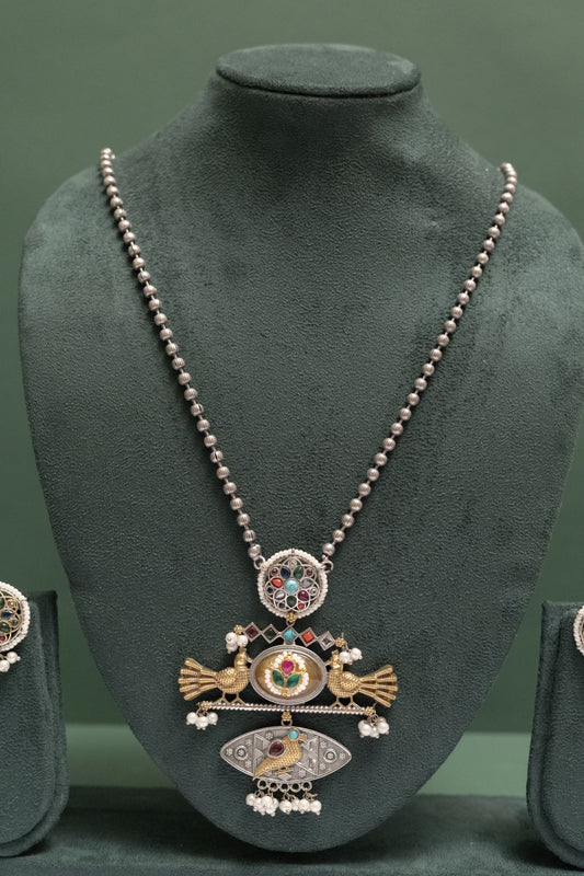 Silver Look-Alike Bird Motif Necklace Set with Gem Accents