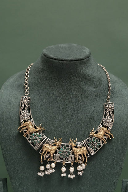 Silver Look-Alike Two Tone Royal Deer Motif Choker