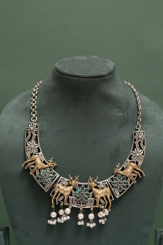 Silver Look-Alike Two Tone Royal Deer Motif Choker