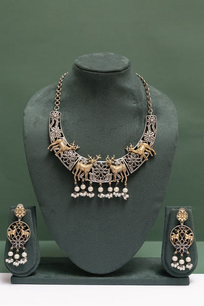 Silver Look-Alike Two Tone Royal Deer Motif Choker