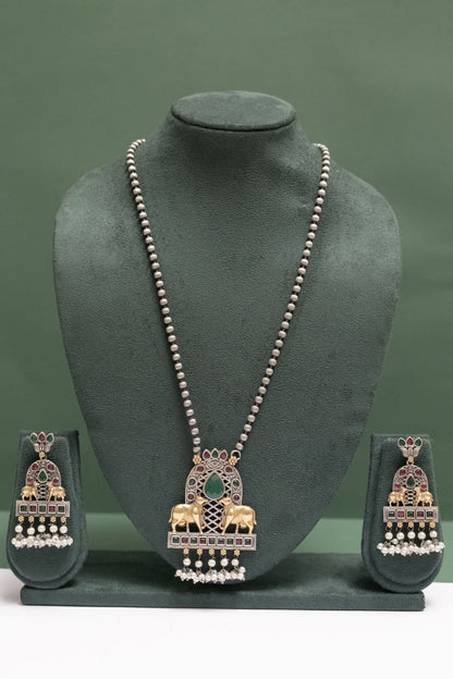 Silver Look-Alike Two-Tone Cow Pendant Necklace Set