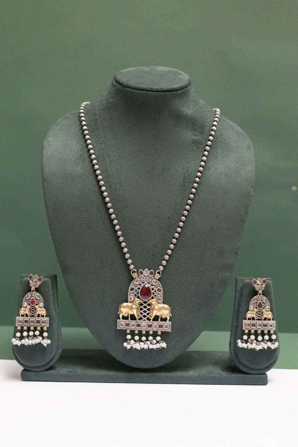 Silver Look-Alike Two-Tone Cow Pendant Necklace Set