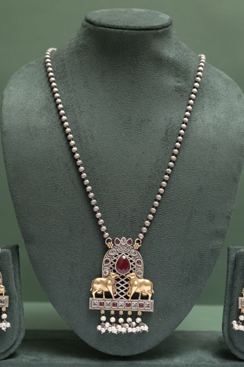 Silver Look-Alike Two-Tone Cow Pendant Necklace Set