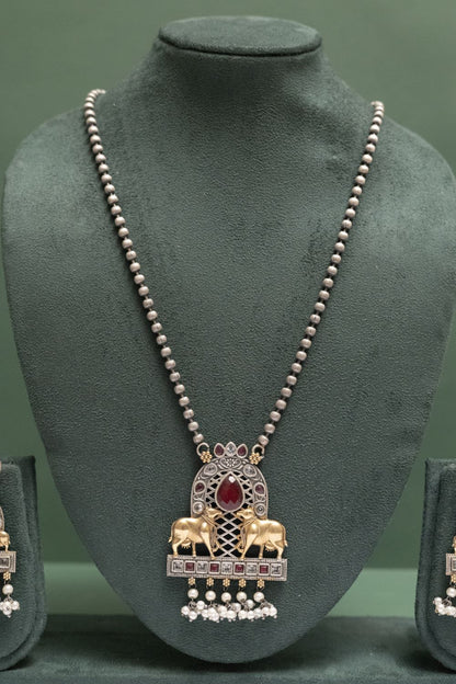 Silver Look-Alike Two-Tone Cow Pendant Necklace Set