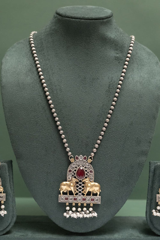 Silver Look-Alike Two-Tone Cow Pendant Necklace Set