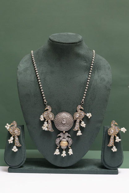 Silver Look-Alike Chain Pendant with Twin Peacock Charm