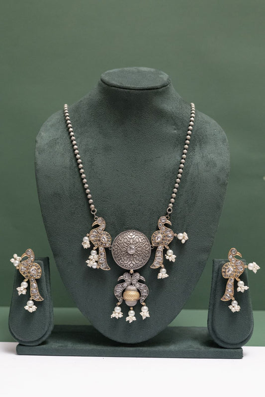 Silver Look-Alike Chain Pendant with Twin Peacock Charm