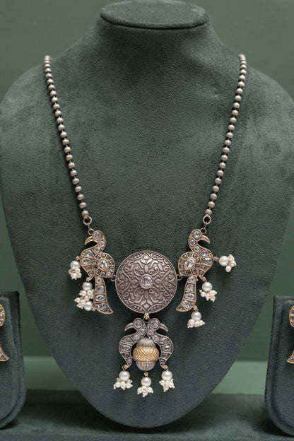 Silver Look-Alike Chain Pendant with Twin Peacock Charm