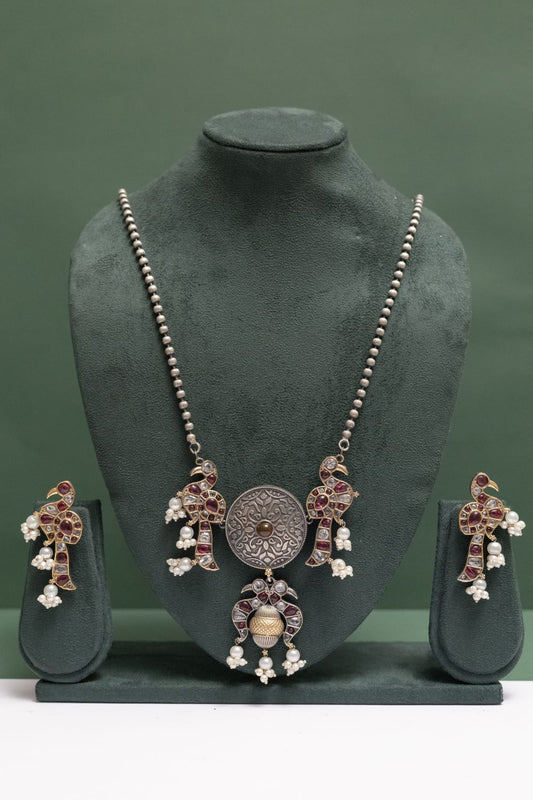 Silver Look-Alike Chain Pendant with Twin Peacock Charm