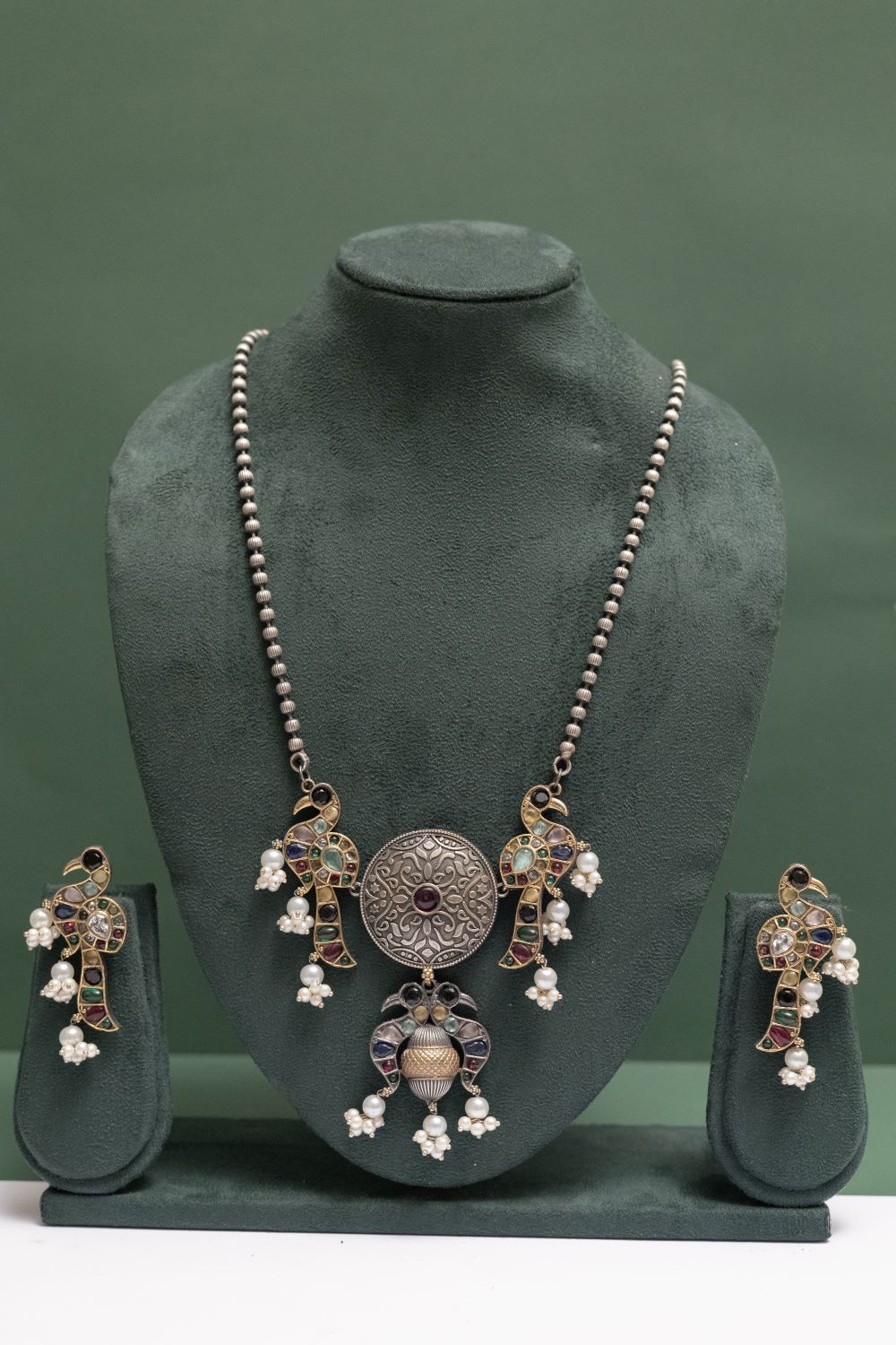 Silver Look-Alike Chain Pendant with Twin Peacock Charm