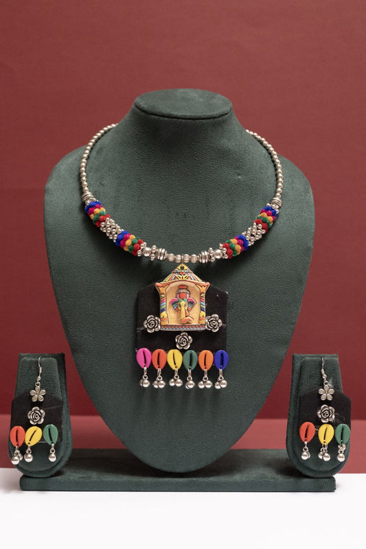 Fabric Ganesh Motif Necklace with Dangling Multicolor Kodi