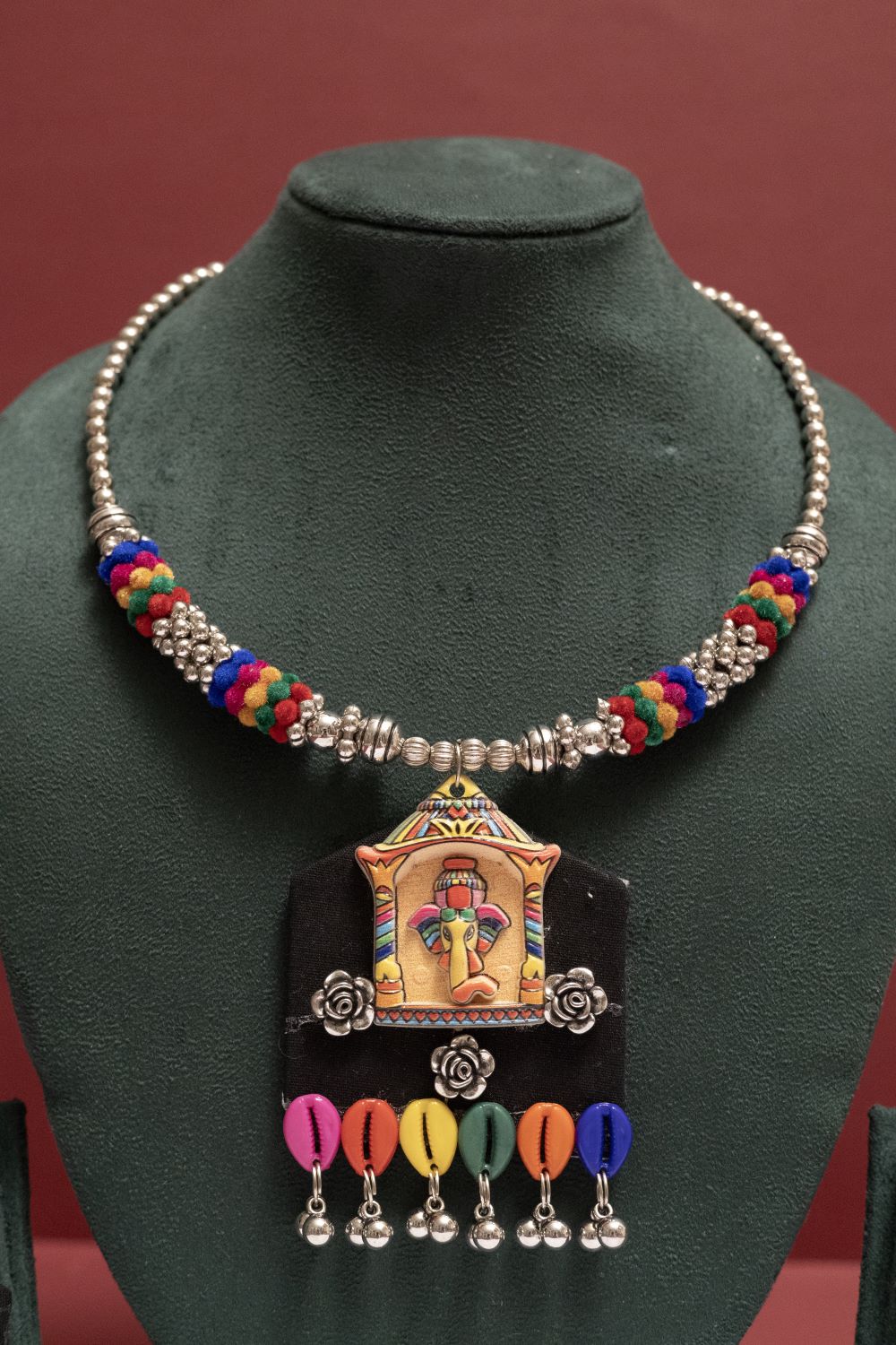 Fabric Ganesh Motif Necklace with Dangling Multicolor Kodi
