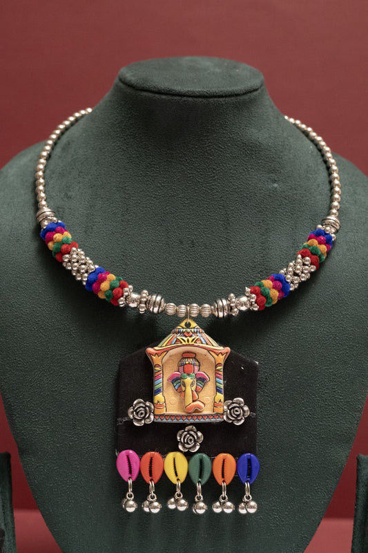 Fabric Ganesh Motif Necklace with Dangling Multicolor Kodi